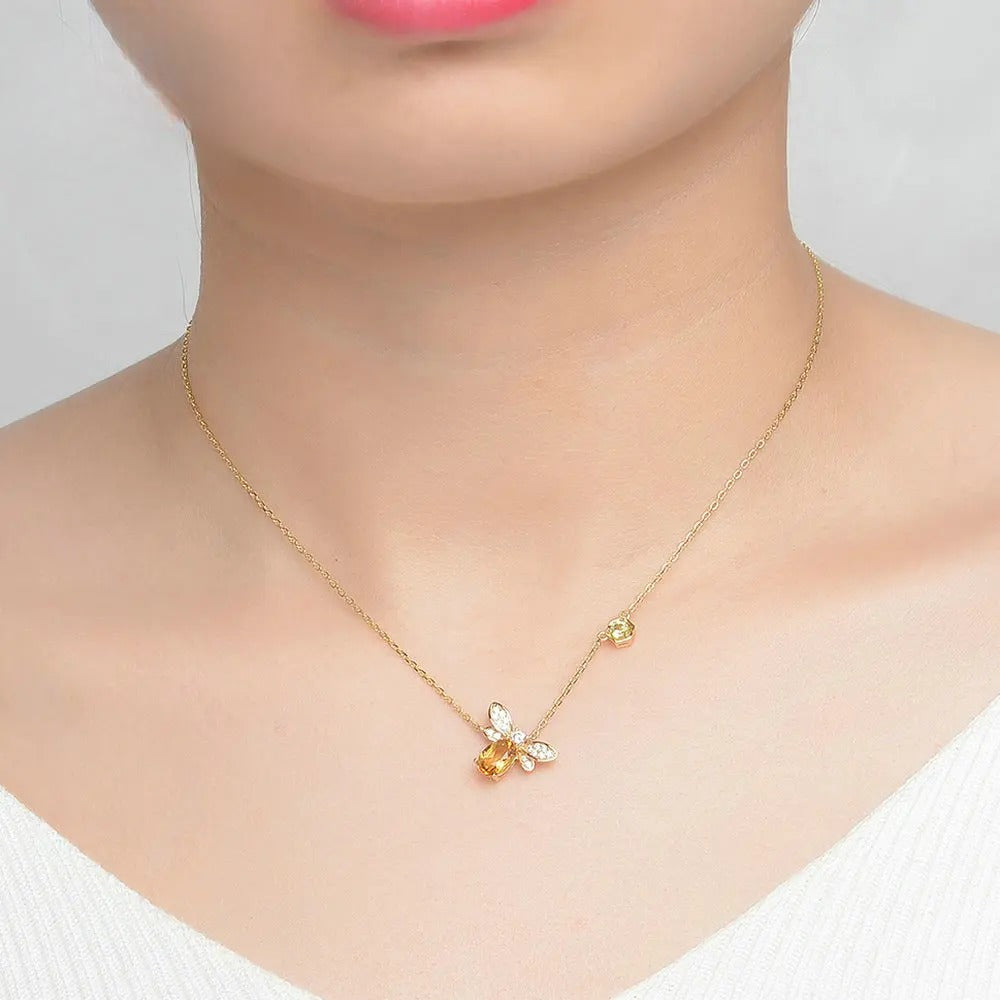 Close-Up of Citrine Bee Pendant Necklace with 14K Yellow Gold Finish