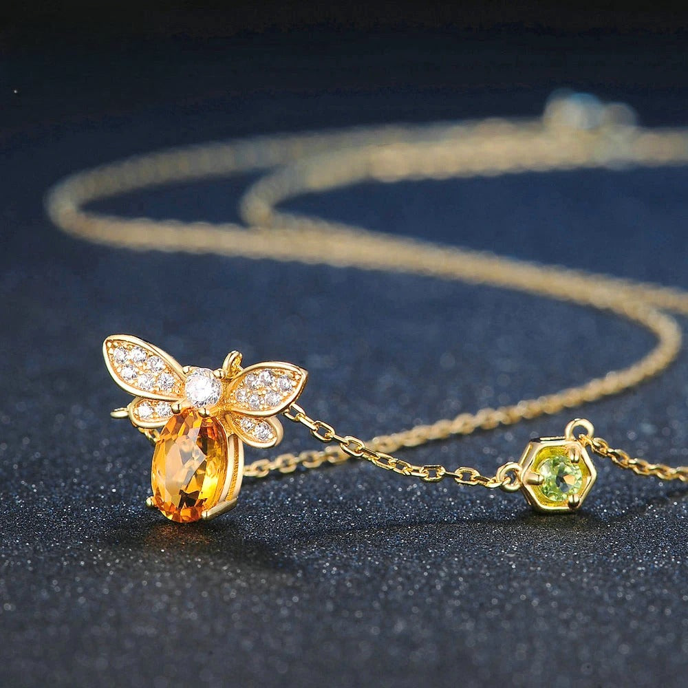 Elegant Bee-Inspired Necklace with Citrine and Peridot Accents in 925 Sterling Silver