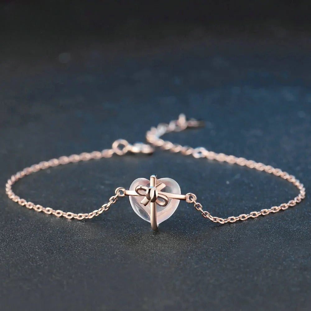 Rose Quartz Heart Bracelet with Natural Gemstone in Rose Gold-Plated 925 Silver