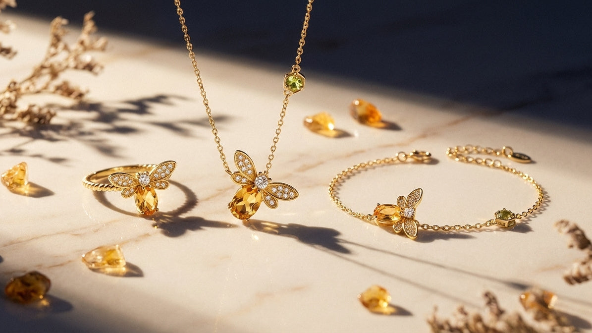 Gold jewelry set including necklace, ring, and bracelet with scattered gemstones on a textured surface.
