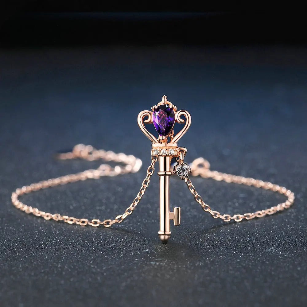 Amethyst Key Bracelet with Natural Teardrop Amethyst in Rose Gold-Plated 925 Silver