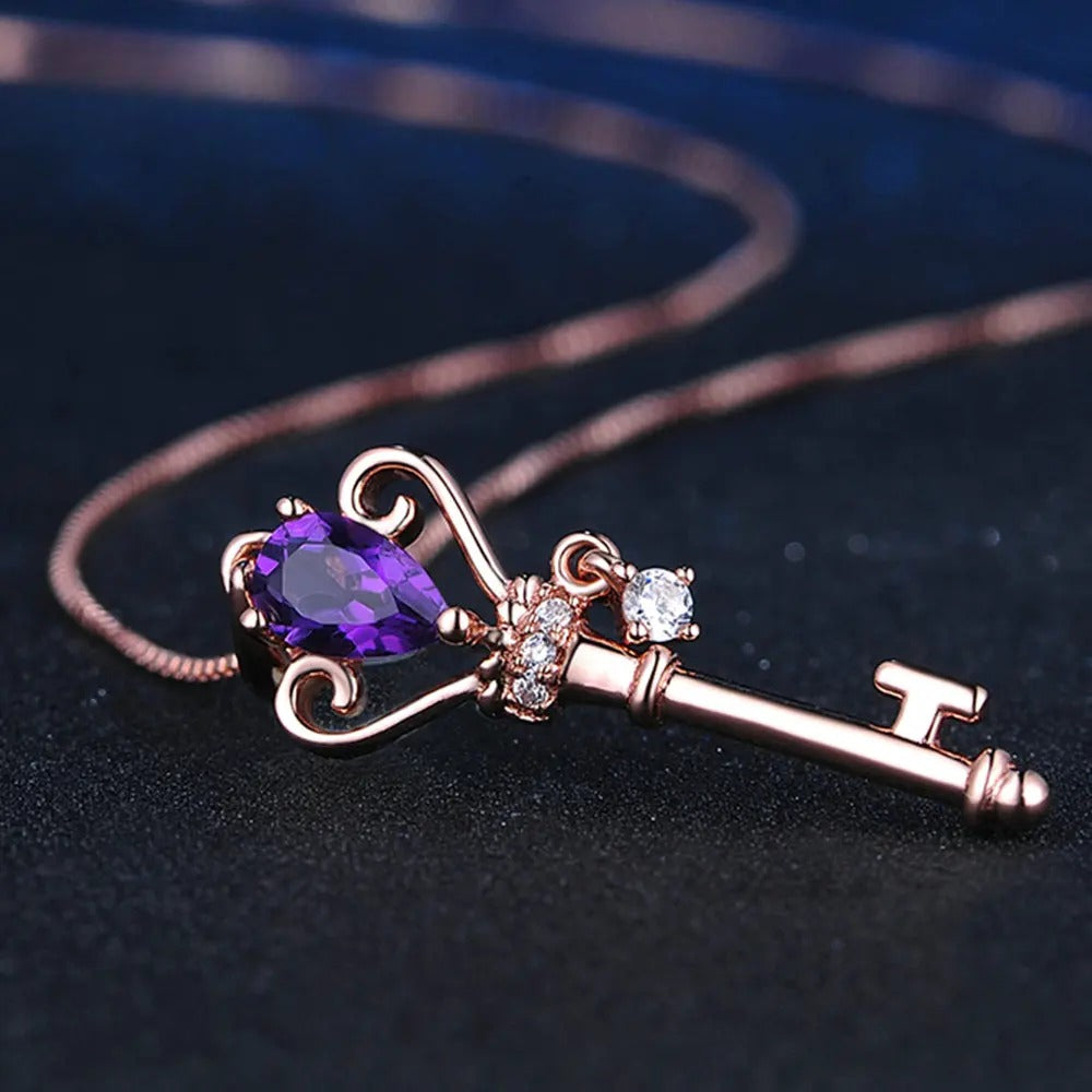 Elegant Key-Shaped Pendant Necklace with Amethyst and Box Chain