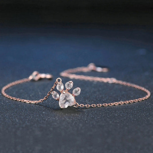 Rose Quartz Paw Bracelet with Natural Rose Quartz in Rose Gold-Plated 925 Silver