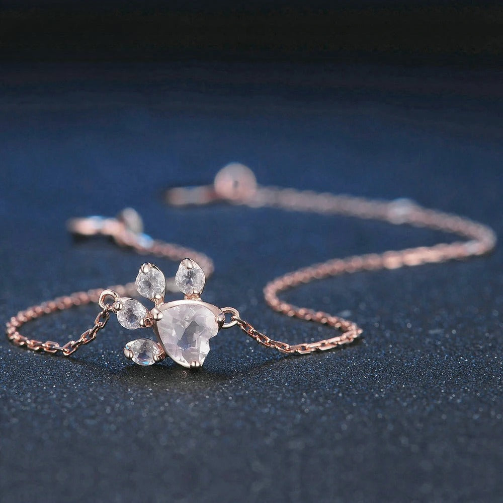 Playful Paw Design Bracelet with Heart-Shaped Rose Quartz Stone