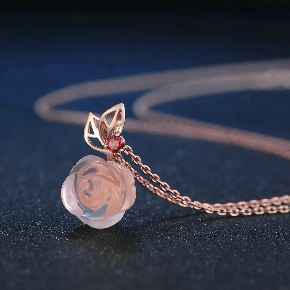 Natural Rose Quartz Pendant with Rose Gold-Plated Link Chain Necklace