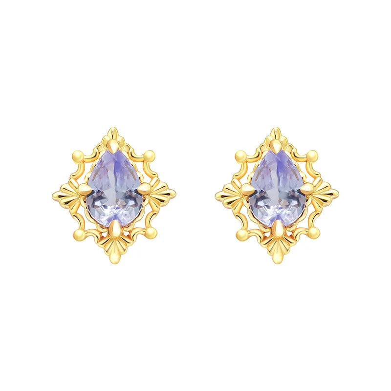 Pair of blue-violet natural tanzanite stud earrings with gold plated settings